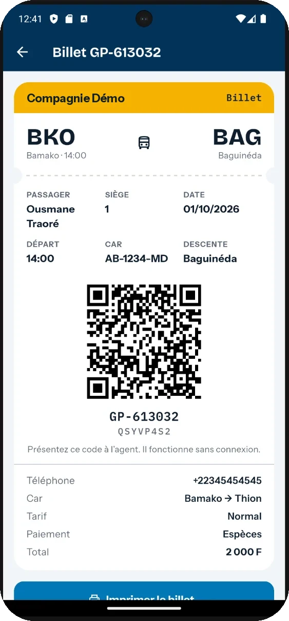 Le billet avec son code QR, imprimé ou envoyé sur WhatsApp