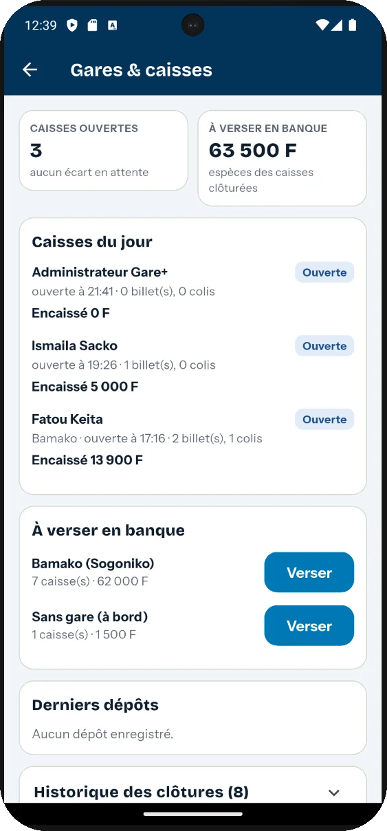 Gares et caisses : les caisses ouvertes, les écarts, le versement en banque