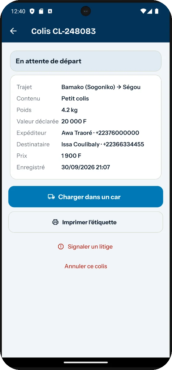 Un colis : trajet, contenu, destinataire, chargement