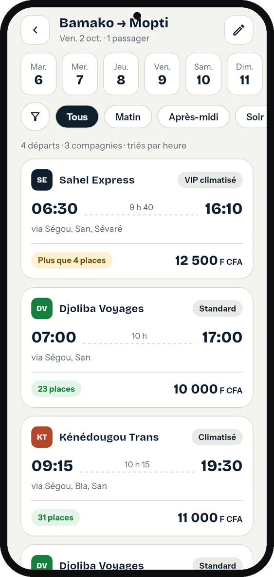 Espace voyageur : les départs du jour, toutes compagnies, avec le prix et les places
